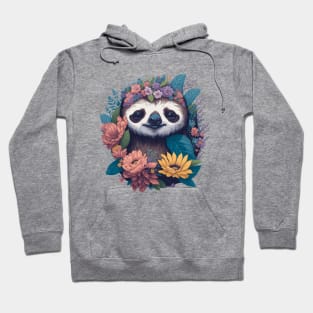 Cute Sloth face peeking out of flowers and foliage with flowers and foliage t-shirts and apparel, stickers, mugs, cases, pillow, water bottle Hoodie